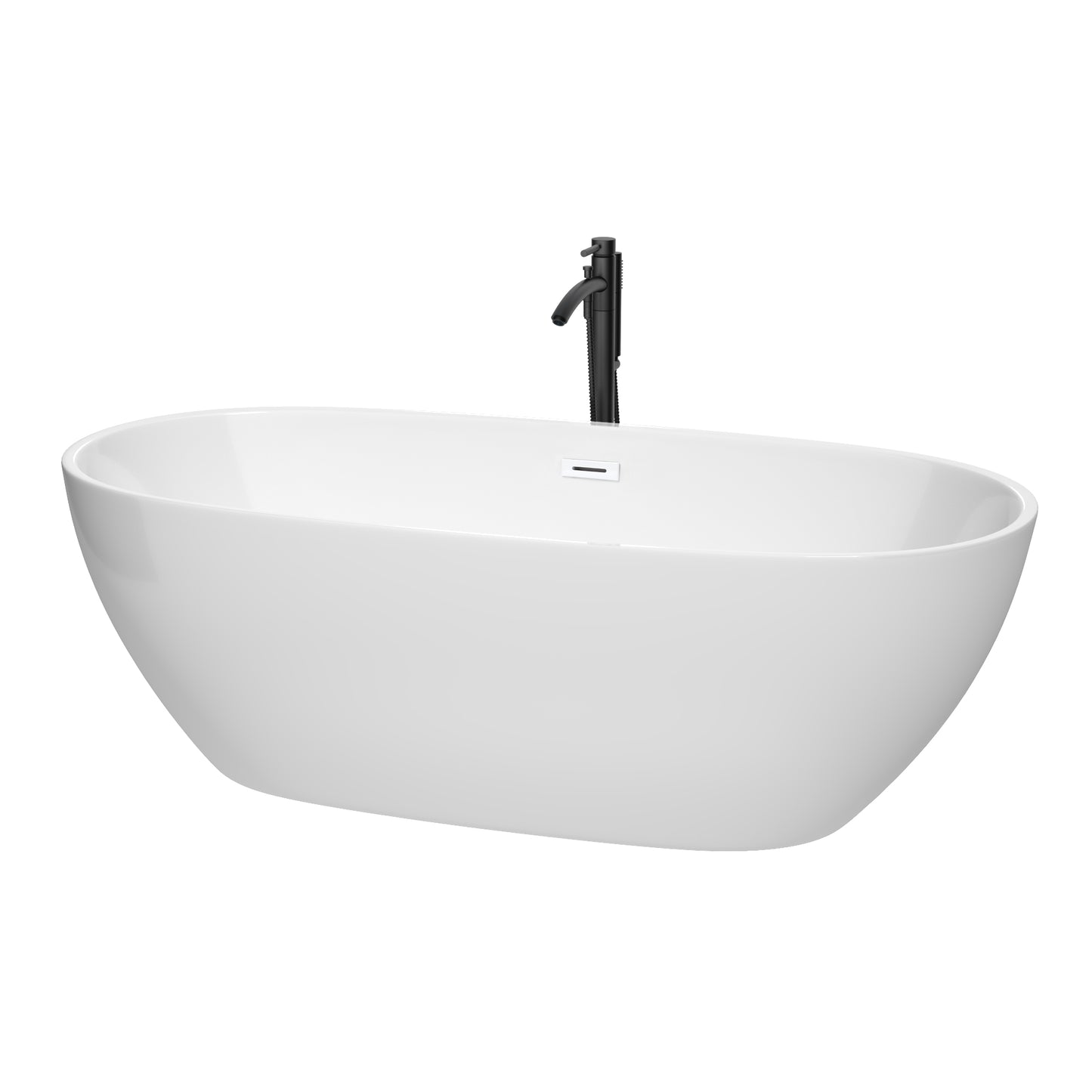 Juno 71" Freestanding Bathtub in White, Shiny White Trim, Faucet in Matte Black