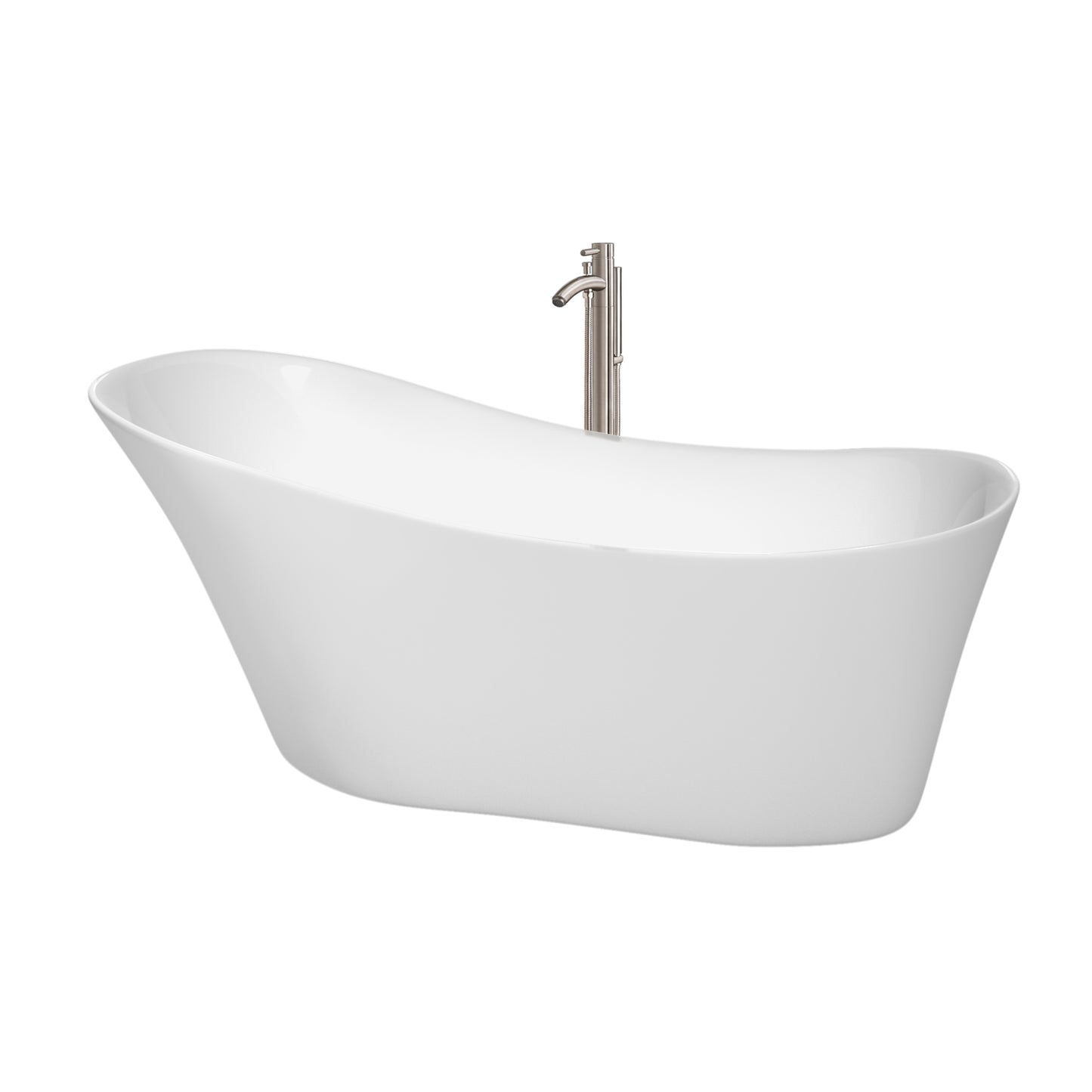 Janice 67 inch Freestanding Bathtub in White with Floor Mounted Faucet, Drain and Overflow Trim in Brushed Nickel