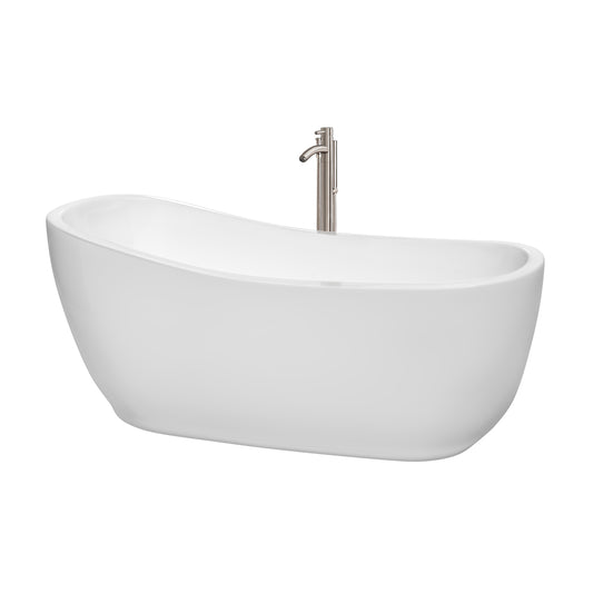 Margaret 66 inch Freestanding Bathtub in White with Floor Mounted Faucet, Drain and Overflow Trim in Brushed Nickel