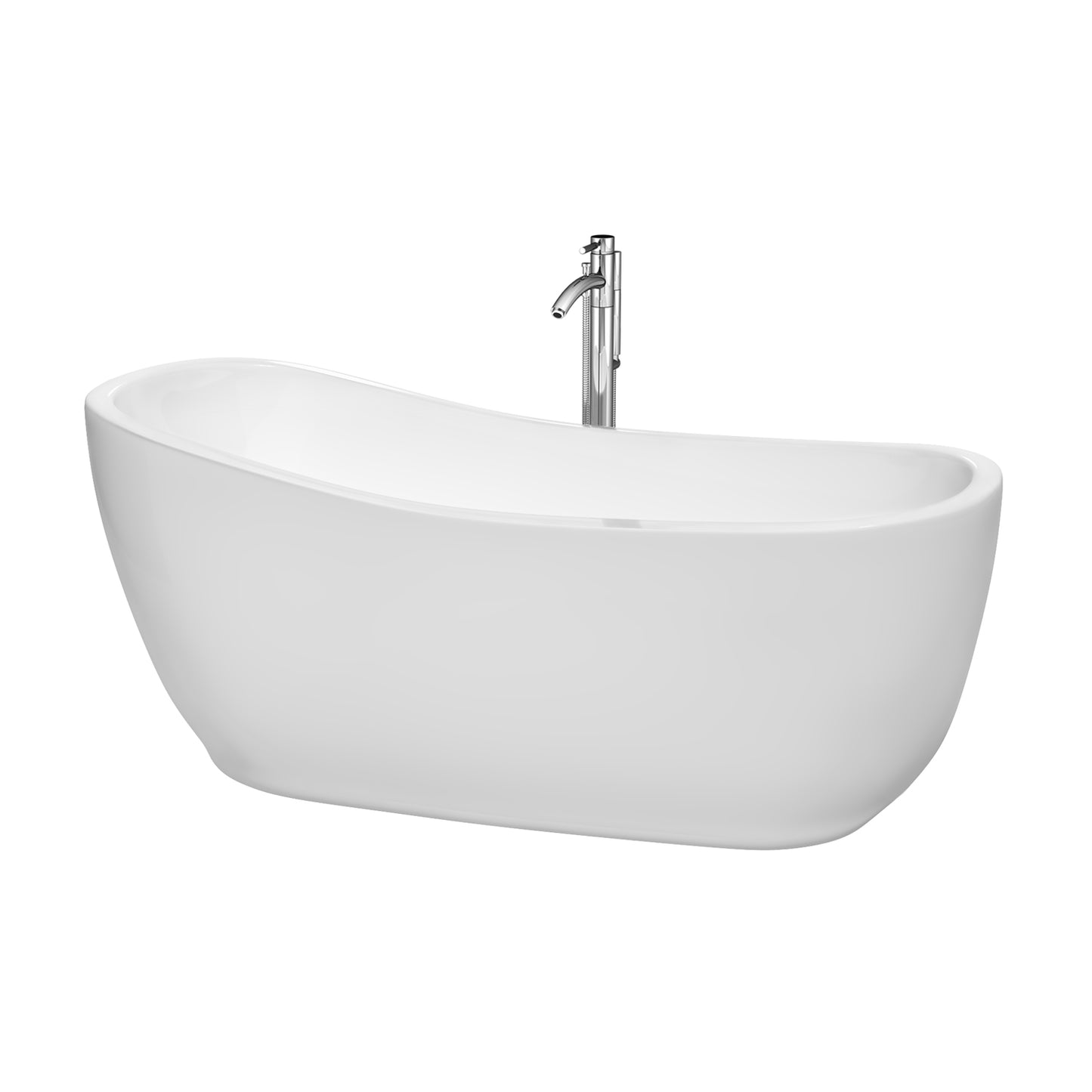 Margaret 66 inch Freestanding Bathtub in White with Floor Mounted Faucet, Drain and Overflow Trim in Polished Chrome