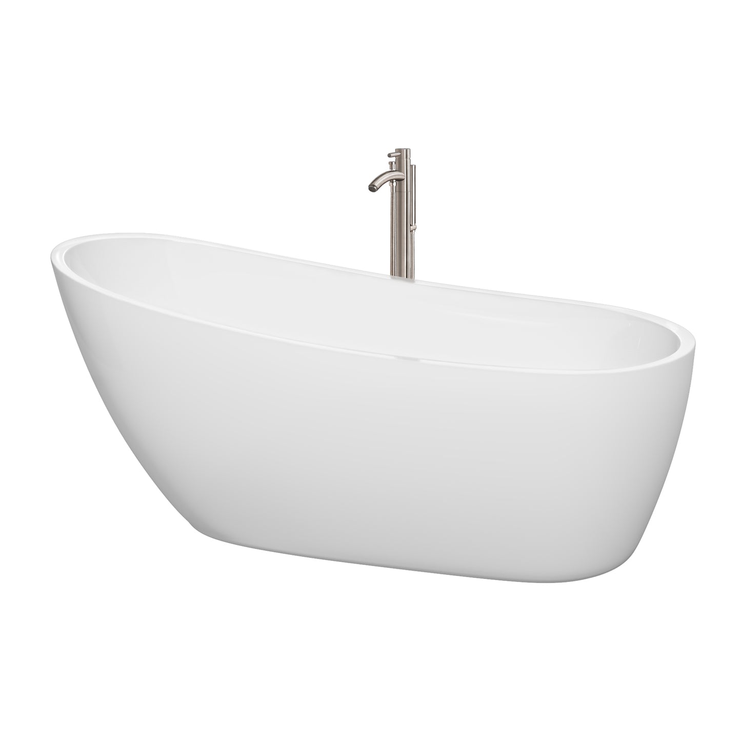 Florence 68 inch Freestanding Bathtub in White with Floor Mounted Faucet, Drain and Overflow Trim in Brushed Nickel