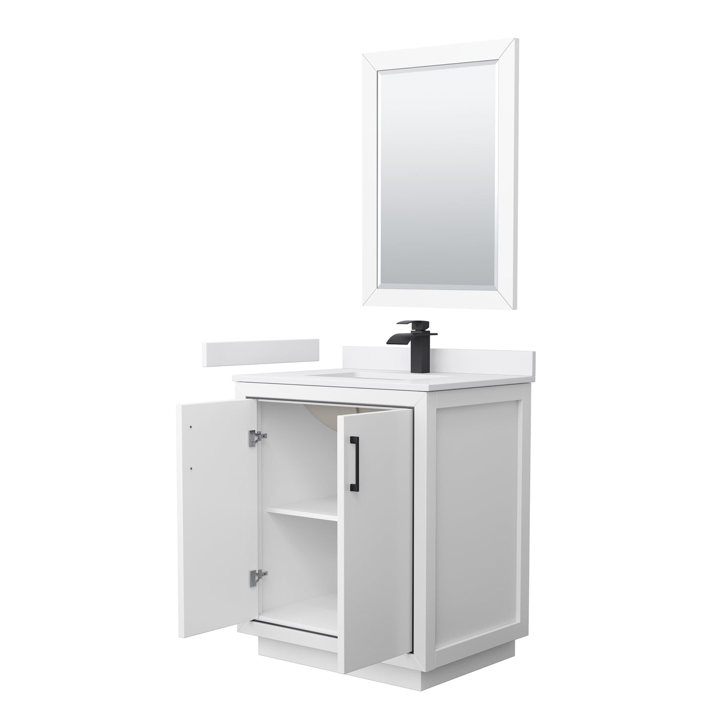 Icon 30" Single Vanity in White, White Marble Top, Black Trim, 24" Mirror