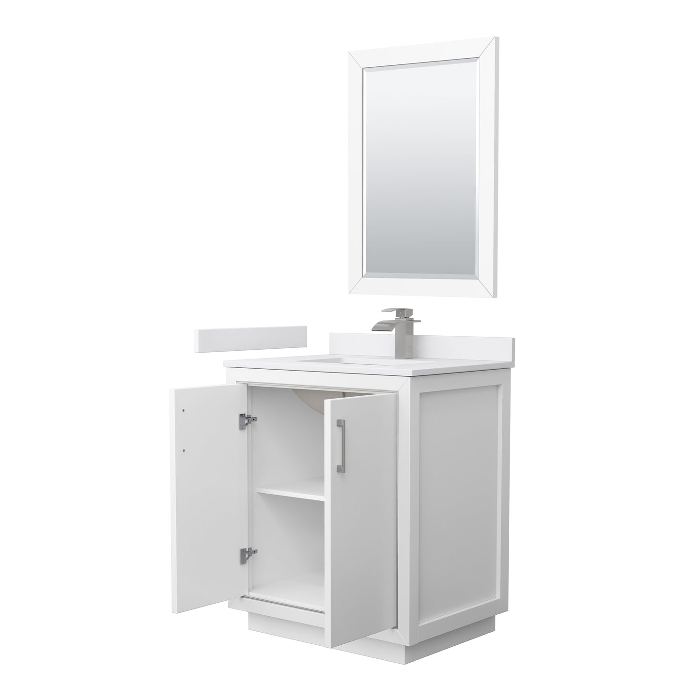 Icon 30" Single Vanity in White, White Marble Top, Nickel Trim, 24" Mirror