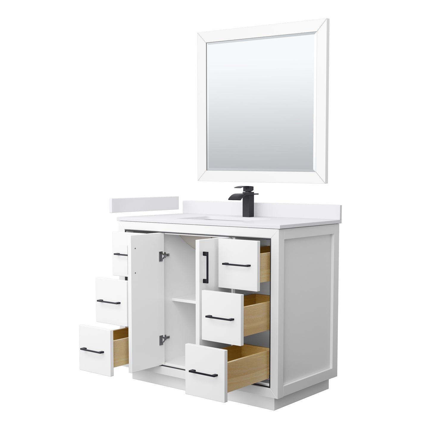 Icon 42" Single Vanity in White, White Marble Top, Black Trim, 34" Mirror