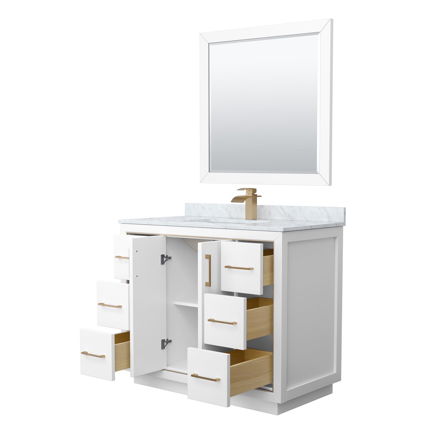 Icon 42" Single Vanity in White, Top, Square Sink, Satin Bronze Trim, 34" Mirror