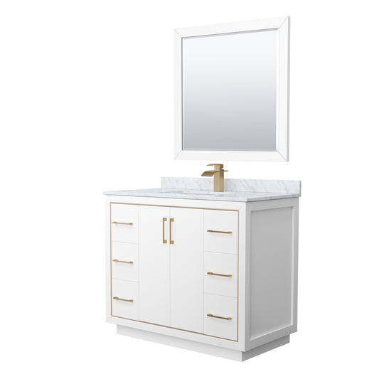 Icon 42" Single Vanity in White, Top, Square Sink, Satin Bronze Trim, 34" Mirror