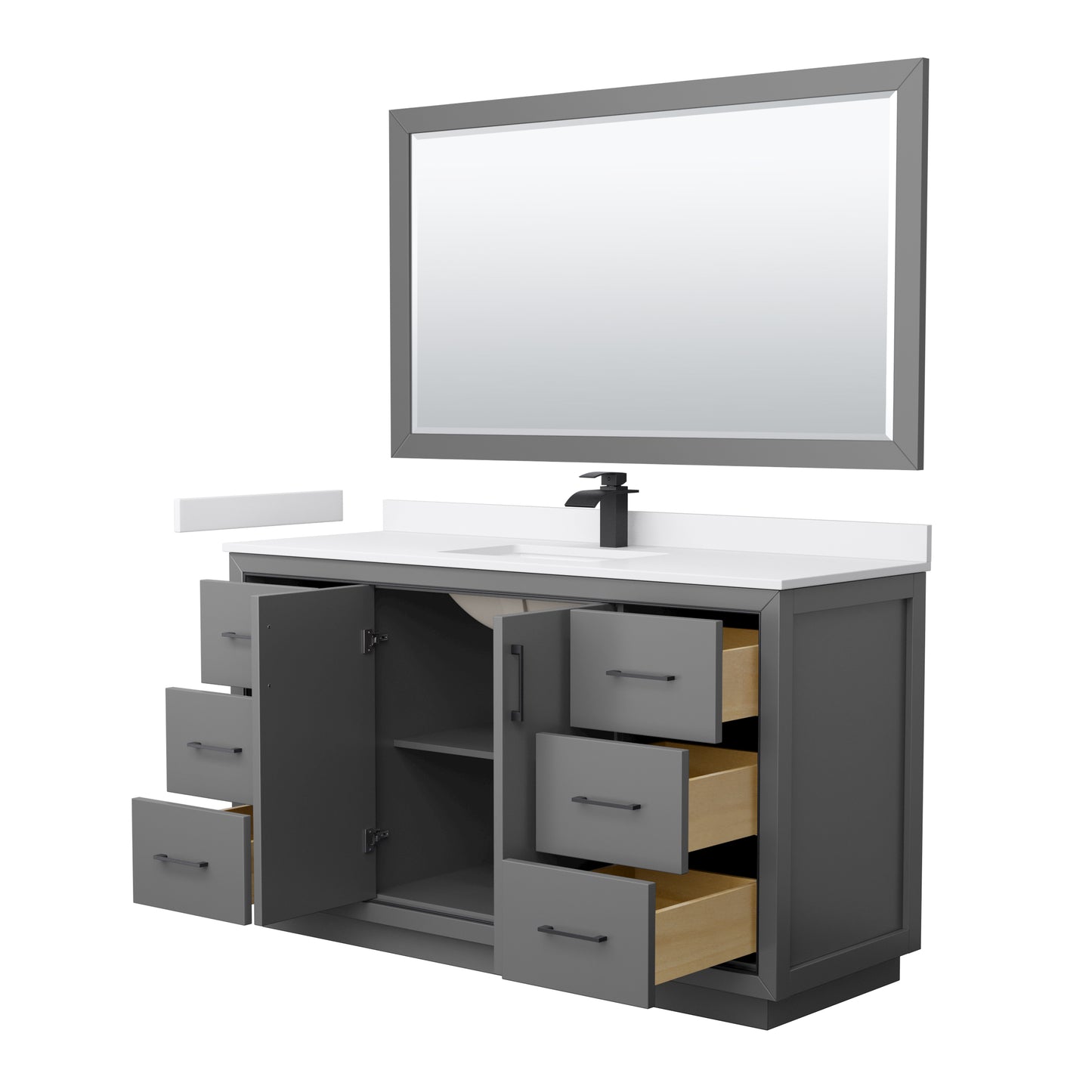 Icon 60" Single Vanity in Dark Gray, White Marble Top, Black Trim, 58" Mirror