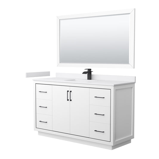 Icon 60" Single Vanity in White, White Marble Top, Black Trim, 58" Mirror