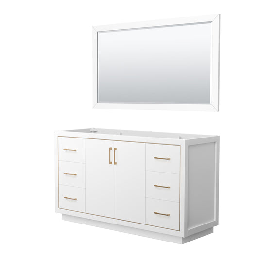 Icon 60" Single Vanity in White, No Top, No Sink, Satin Bronze Trim, 58" Mirror