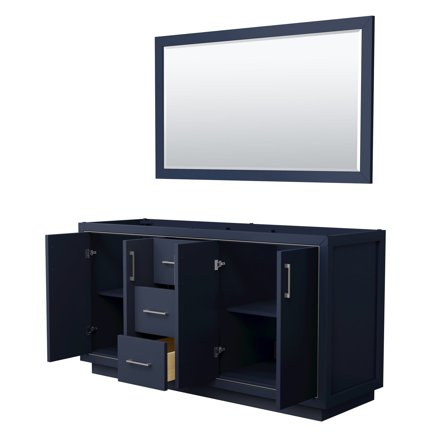 Icon 66" Double Vanity in Dark Blue, No Top, Bruished Nickel Trim, 58" Mirror
