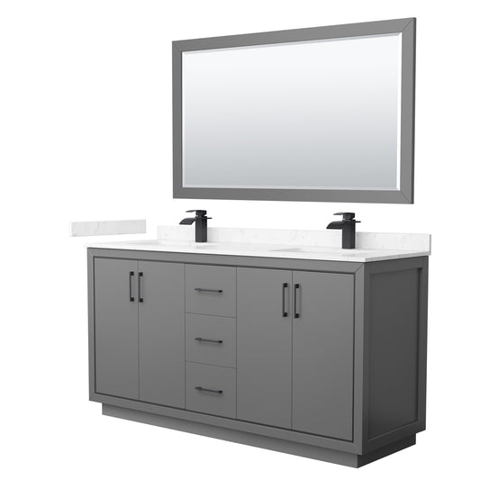 Icon 66" Double Vanity in Dark Gray, Carrara Marble Top, Black Trim, 58" Mirror