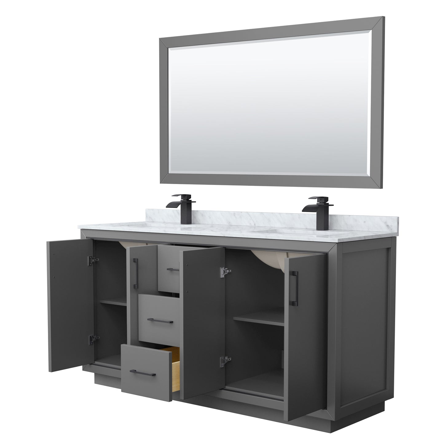 Icon 66" Double Vanity in Dark Gray, Top, Square Matte Black Trim, 58" Mirror