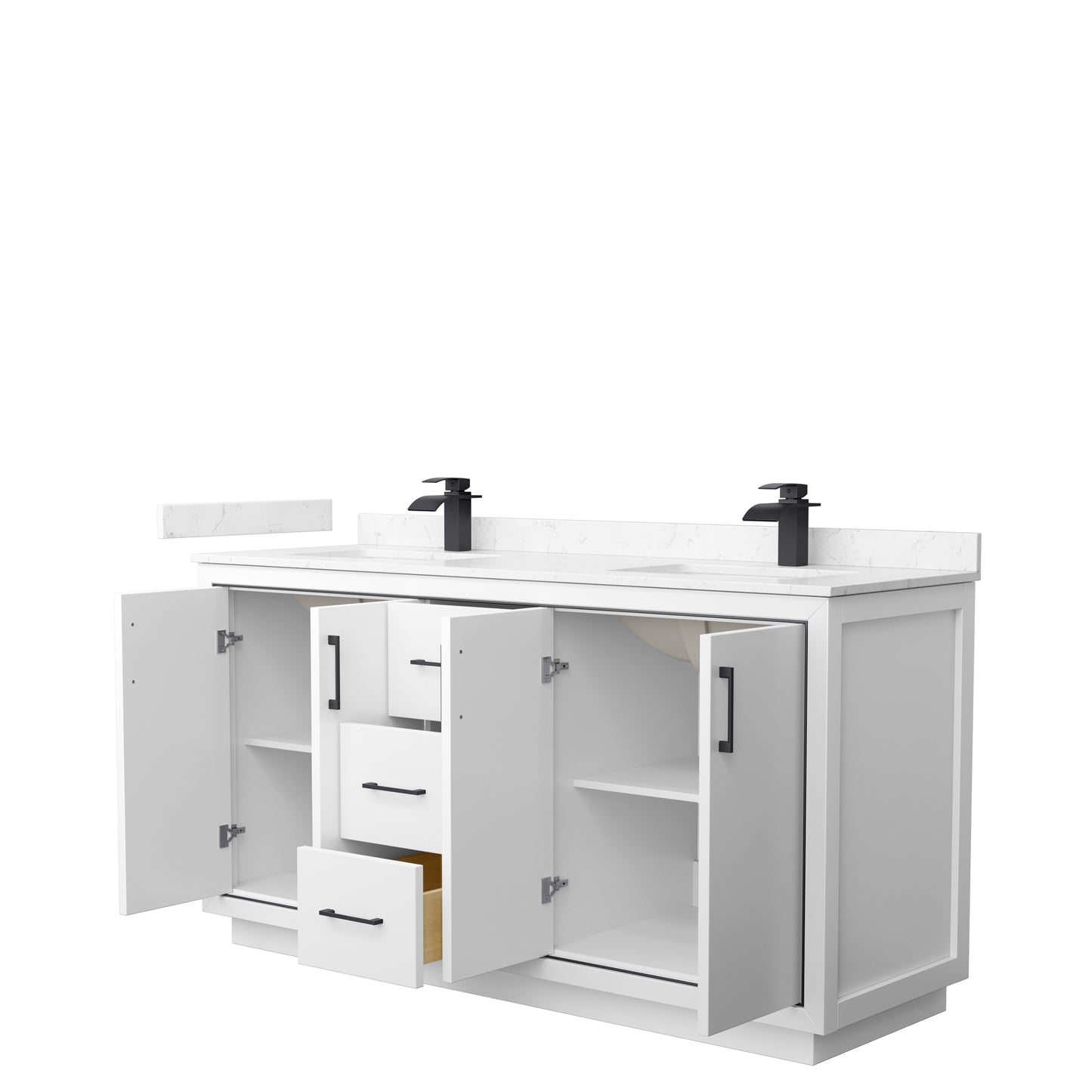 Icon 66" Double Vanity in White, Carrara Cultured Marble Top, Black Trim