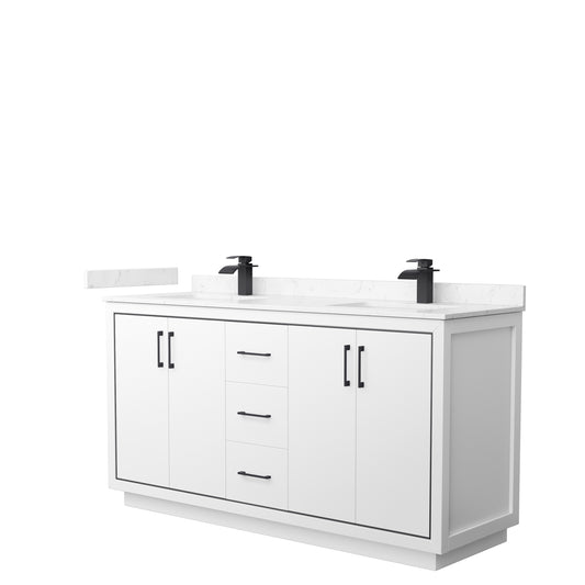 Icon 66" Double Vanity in White, Carrara Cultured Marble Top, Black Trim