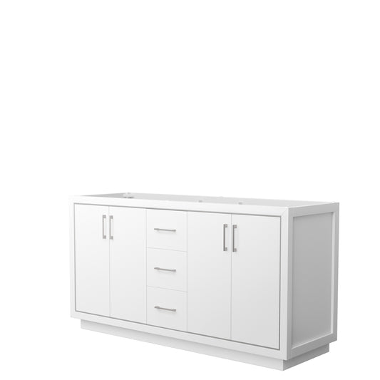 Icon 66" Double Vanity in White, No Top, No Sink, Brushed Nickel Trim