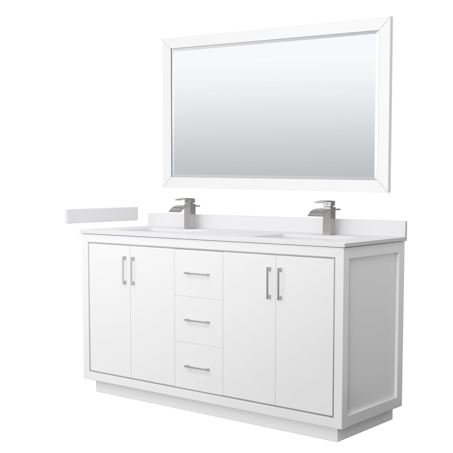 Icon 66" Double Vanity in White, White Marble Top, Nickel Trim, 58" Mirror