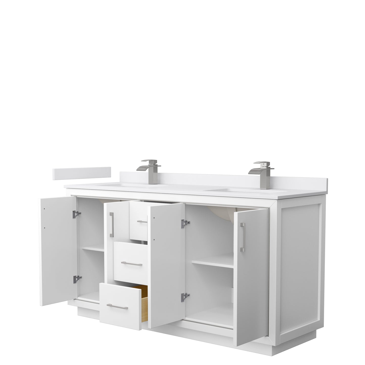Icon 66" Double Vanity in White, White Cultured Marble Top, Nickel Trim