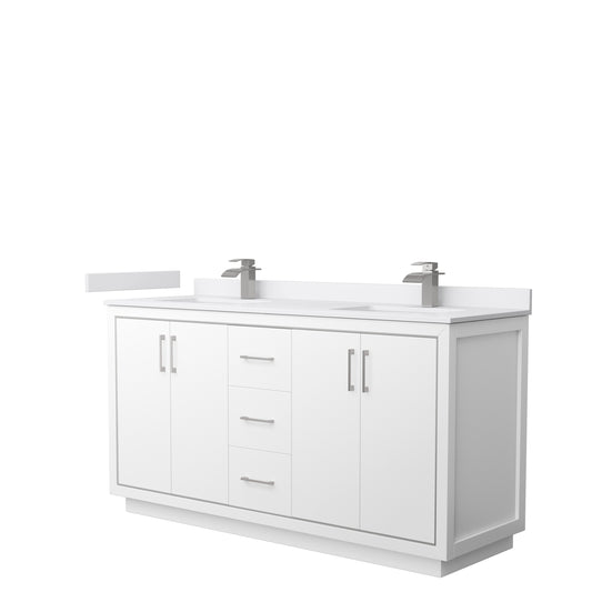 Icon 66" Double Vanity in White, White Cultured Marble Top, Nickel Trim