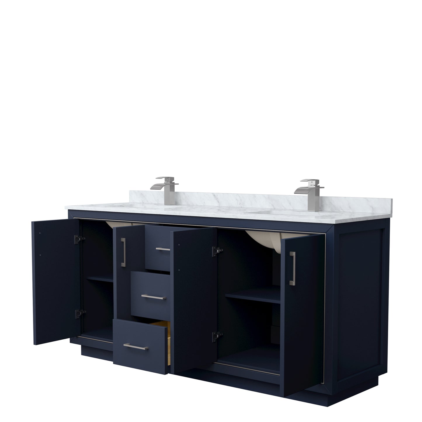 Icon 72" Double Vanity in Dark Blue, Top, Square Sinks, Brushed Nickel Trim