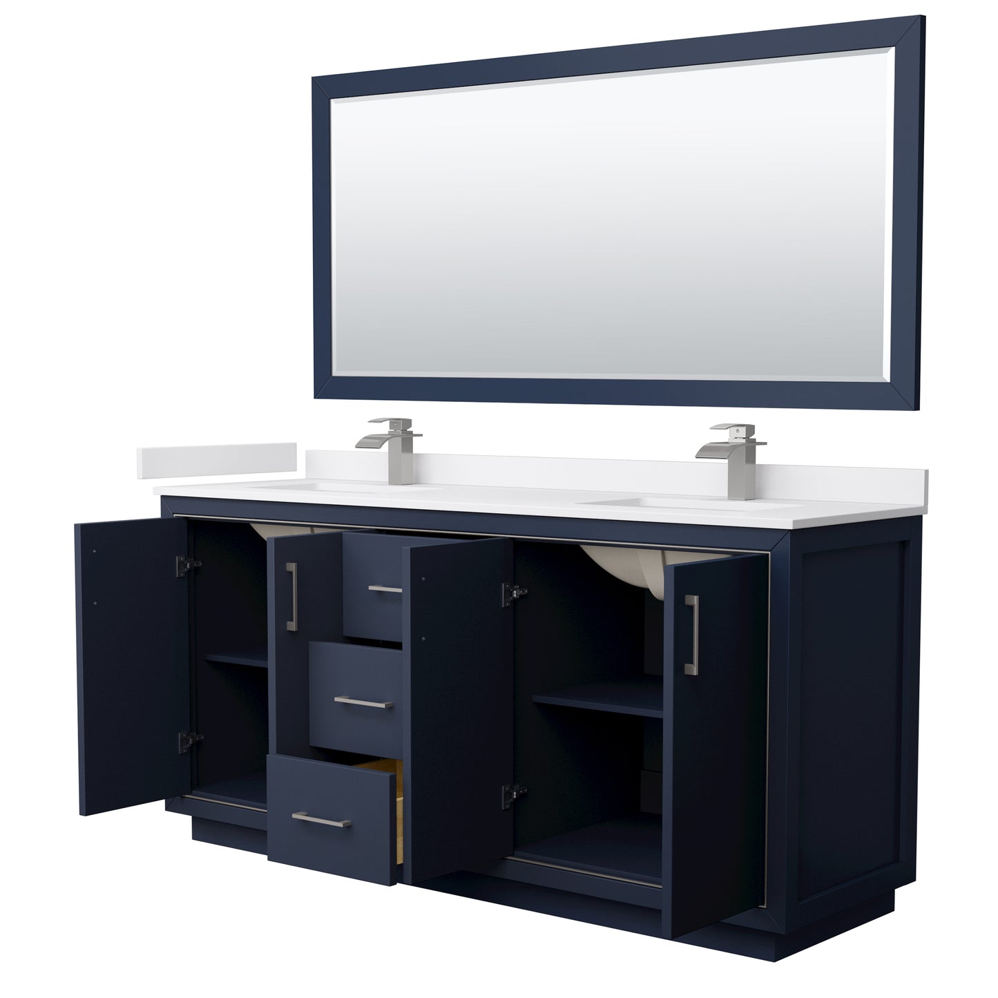 Icon 72" Double Vanity in Dark Blue, White Marble Top, Nickel Trim, 70" Mirror