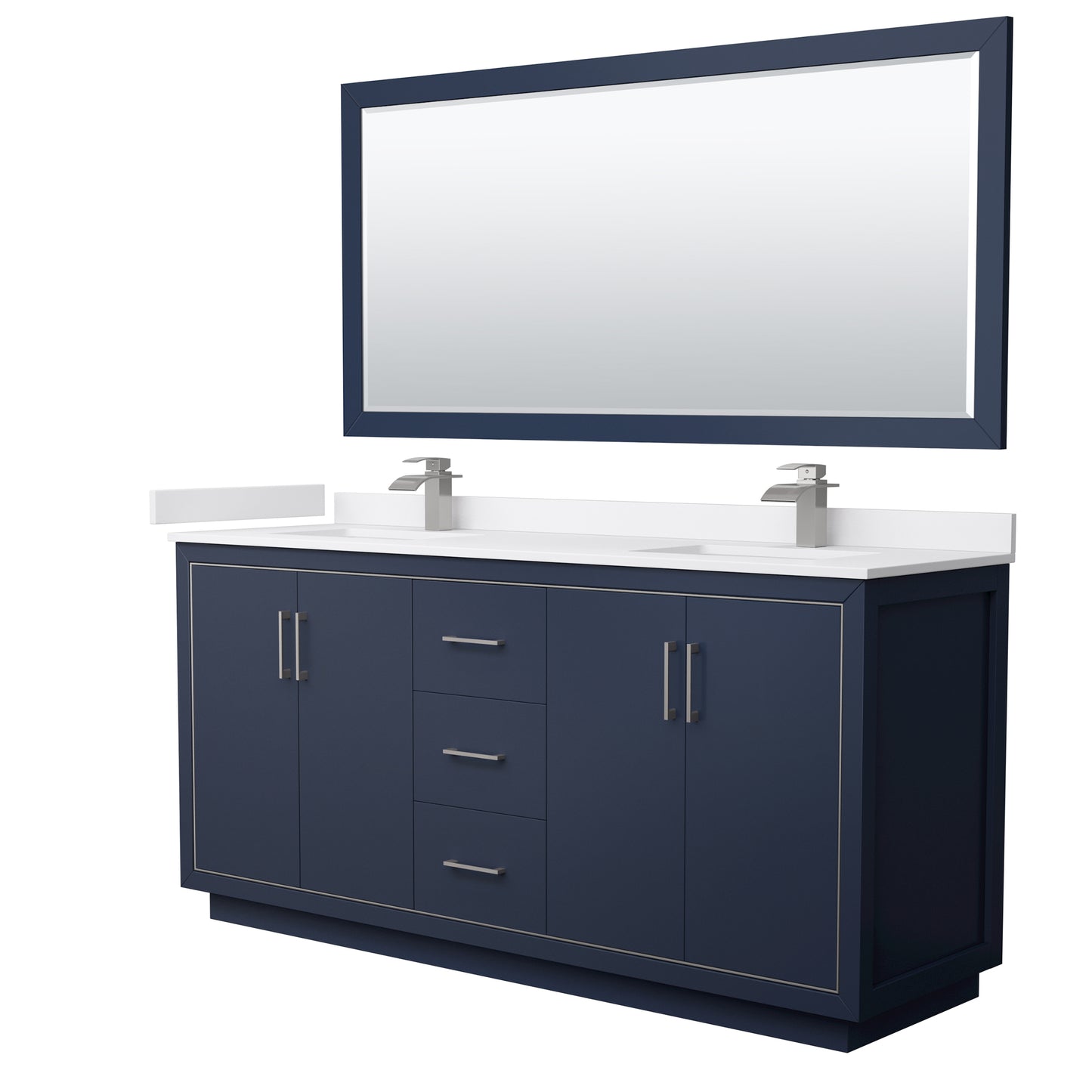 Icon 72" Double Vanity in Dark Blue, White Marble Top, Nickel Trim, 70" Mirror