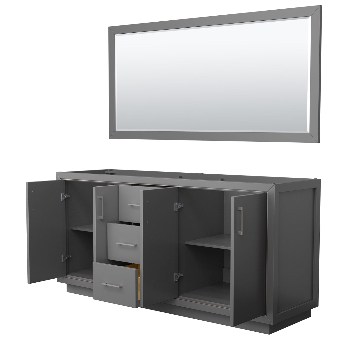 Icon 72" Double Vanity in Dark Gray, No Top, Bruished Nickel Trim, 70" Mirror