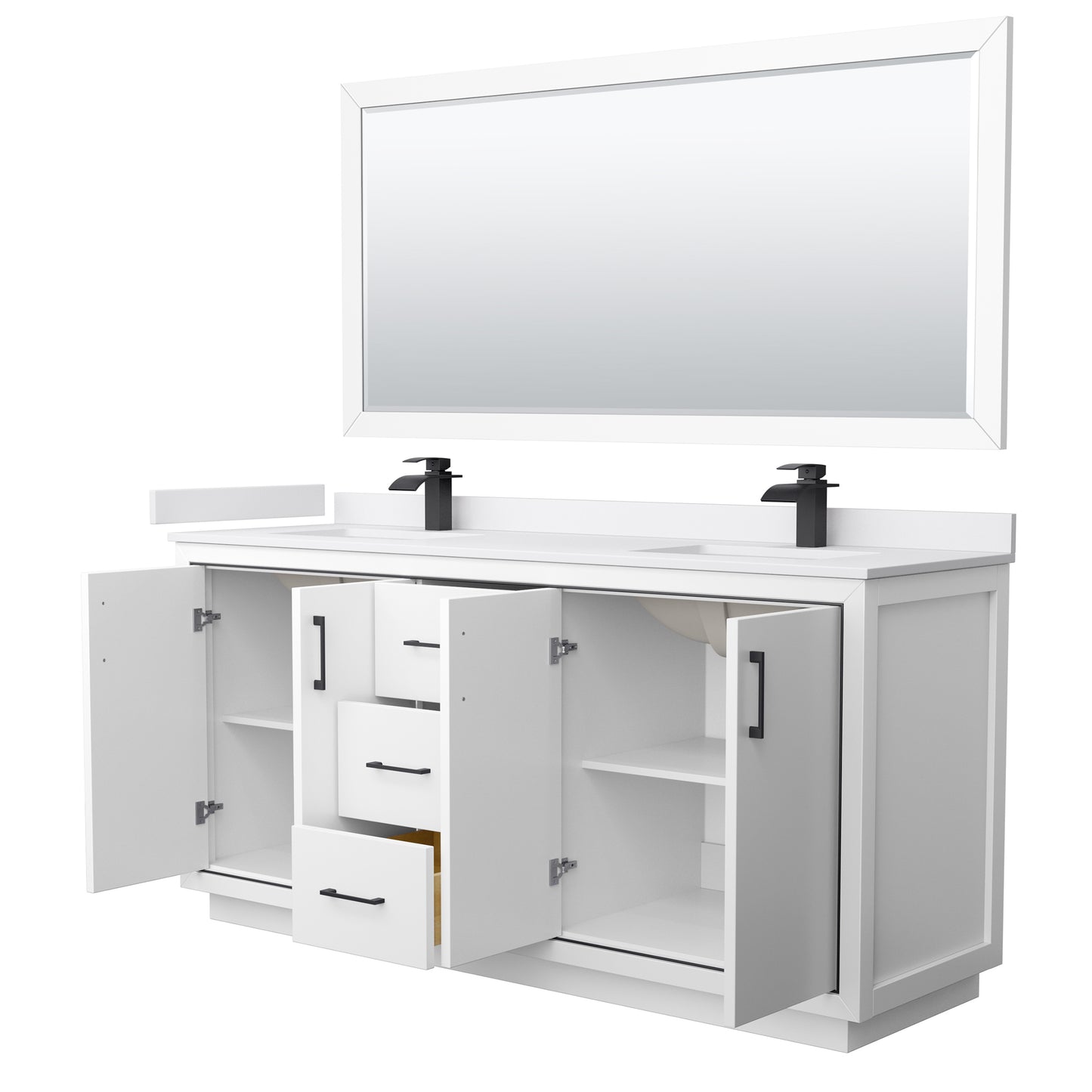 Icon 72" Double Vanity in White, White Marble Top, Black Trim, 70" Mirror