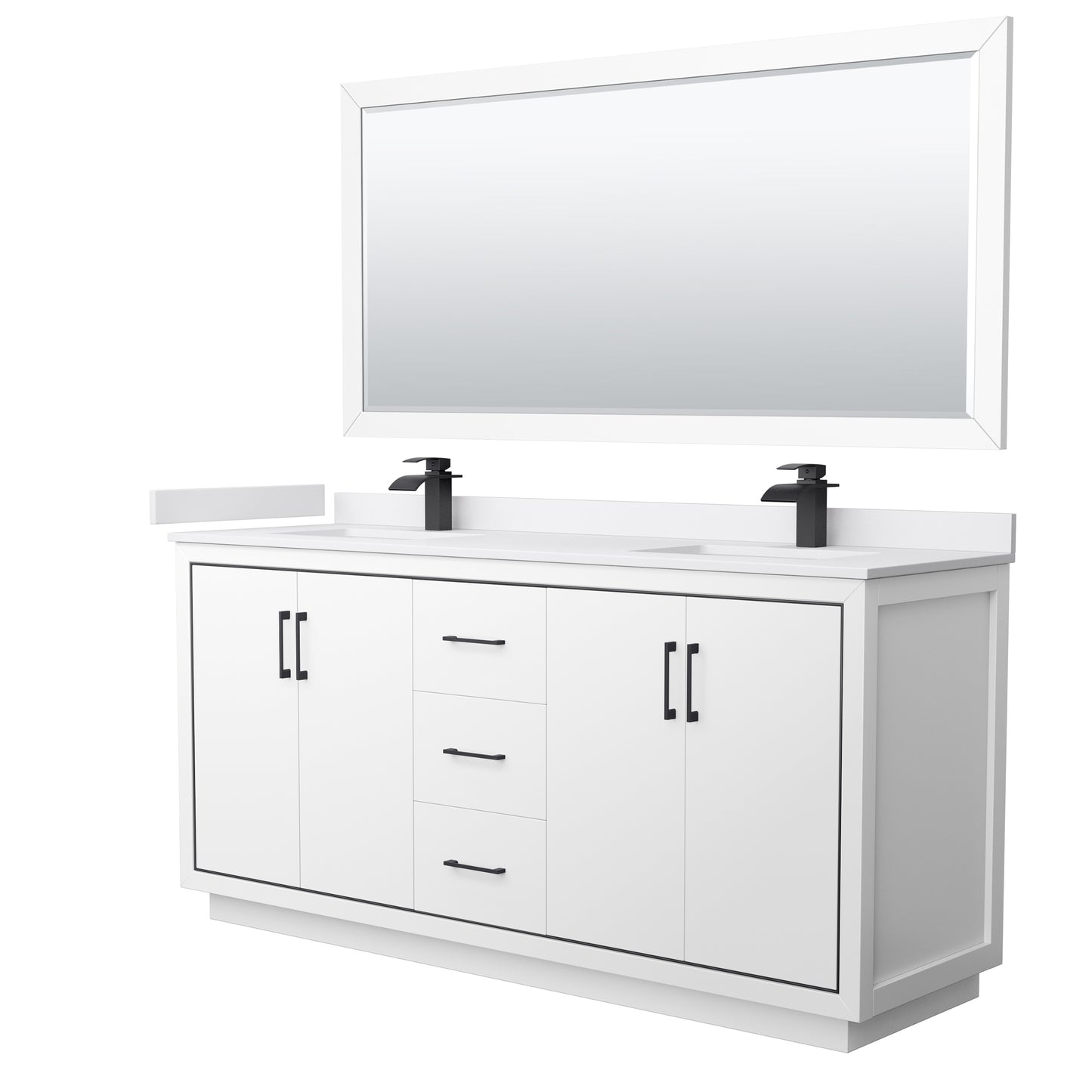 Icon 72" Double Vanity in White, White Marble Top, Black Trim, 70" Mirror
