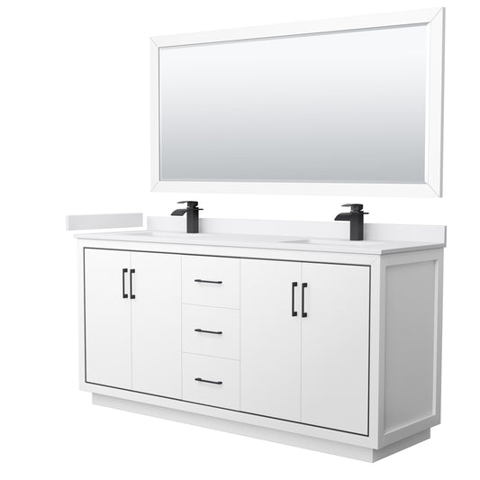 Icon 72" Double Vanity in White, White Marble Top, Black Trim, 70" Mirror