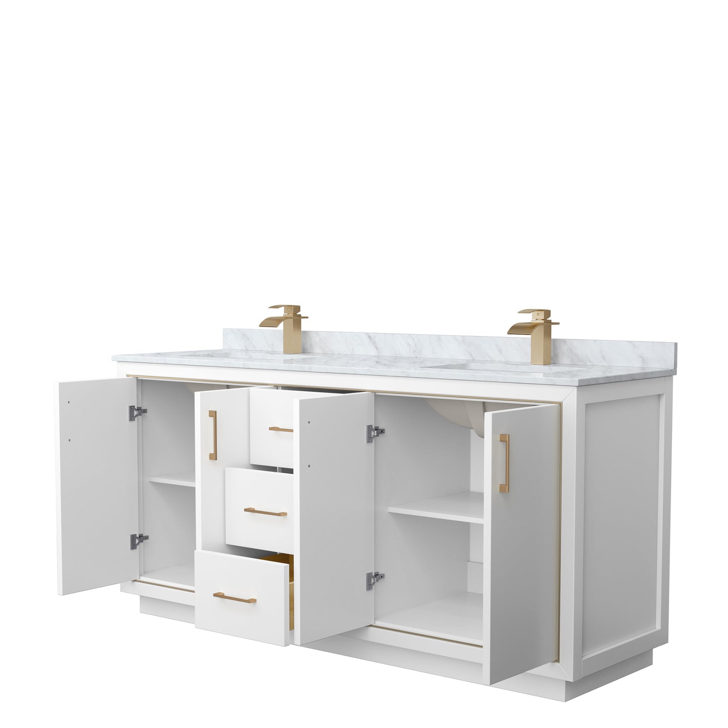 Icon 72" Double Vanity in White, Top, Square Sinks, Satin Bronze Trim
