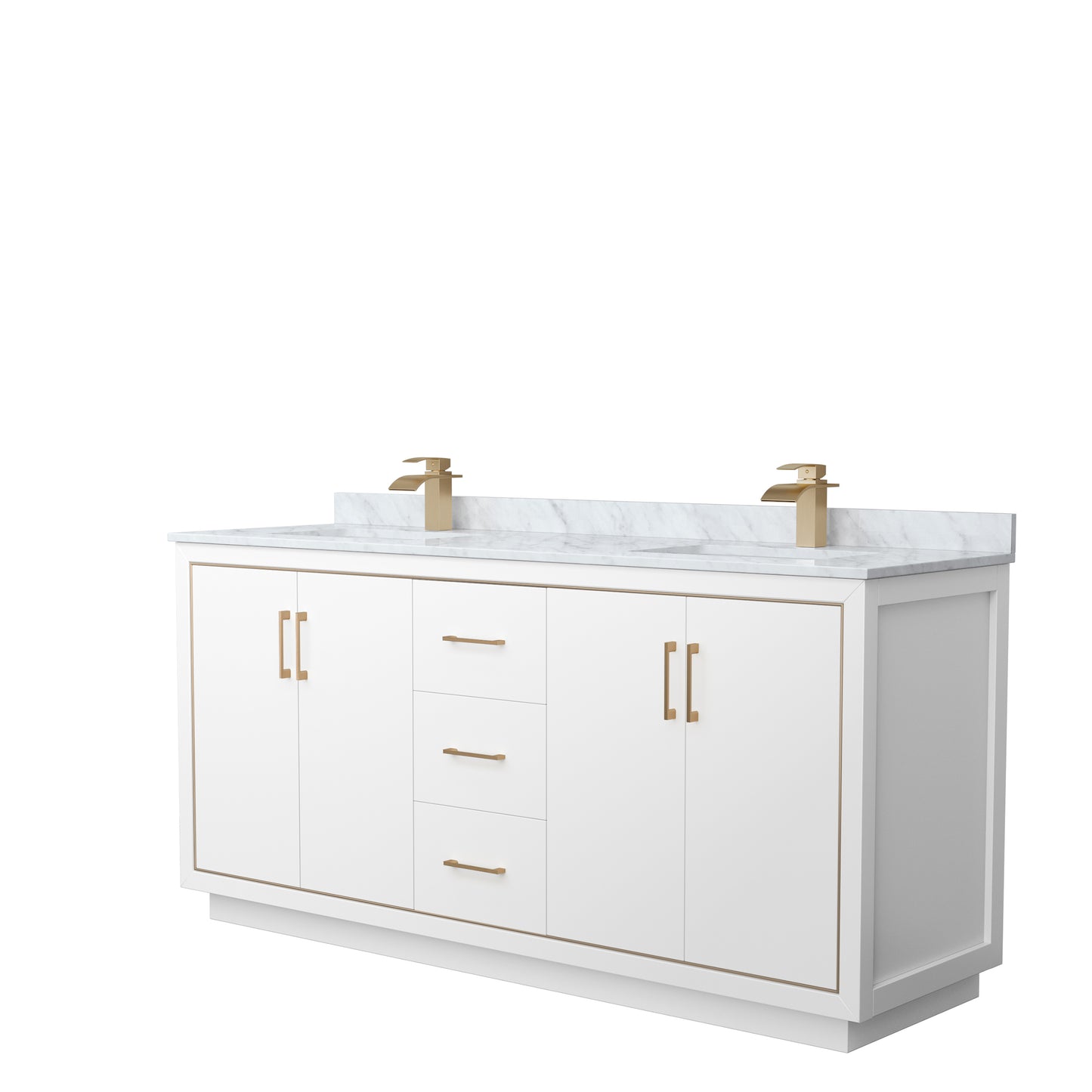 Icon 72" Double Vanity in White, Top, Square Sinks, Satin Bronze Trim