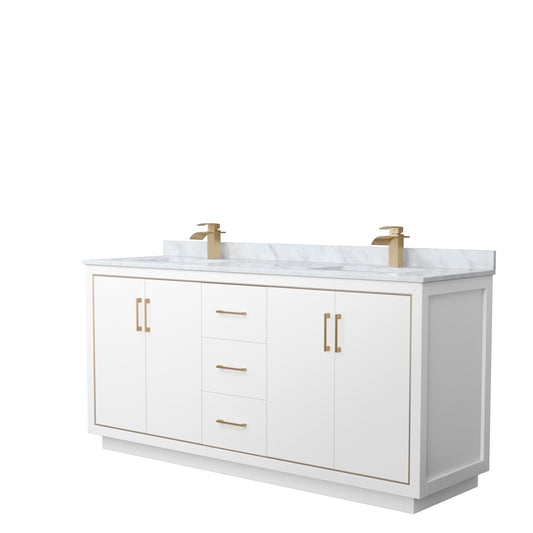 Icon 72" Double Vanity in White, Top, Square Sinks, Satin Bronze Trim