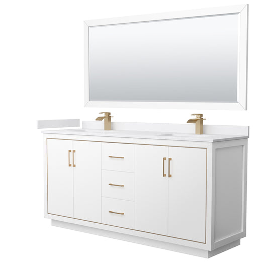 Icon 72" Double Vanity in White, White Marble Top, Bronze Trim, 70" Mirror
