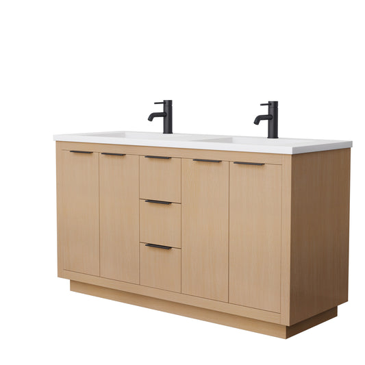 Maroni 60" Double Vanity in Light Straw, 1.25" White Top, Integrated Black Trim