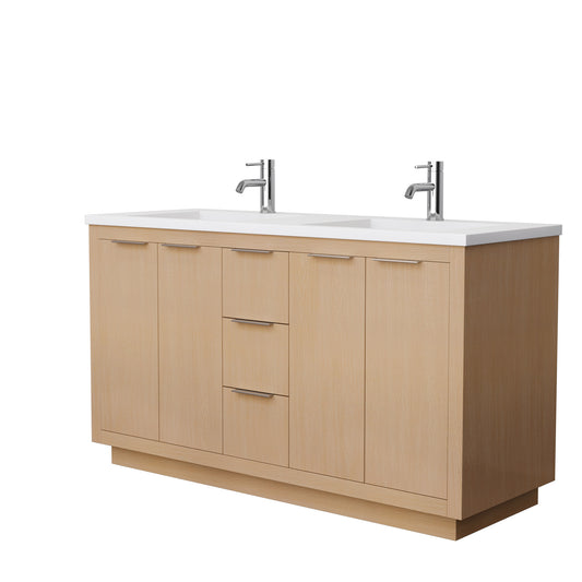 Maroni 60" Double Vanity in Light Straw, 1.25" White Top, Integrated Sinks