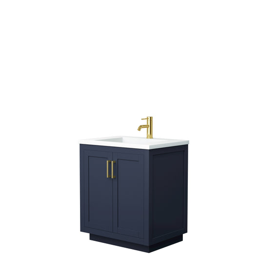 Miranda 30" Dark Blue Single Vanity, 1.25" White Top, Integrated Gold Trim