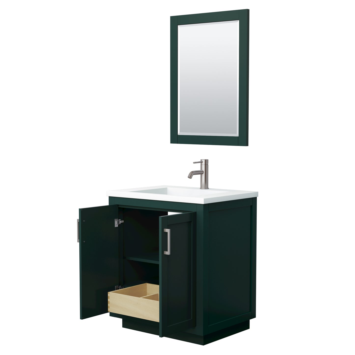 Miranda 30" Single Vanity in Green, 1.25" White Top,  Nickel Trim, 24" Mirror