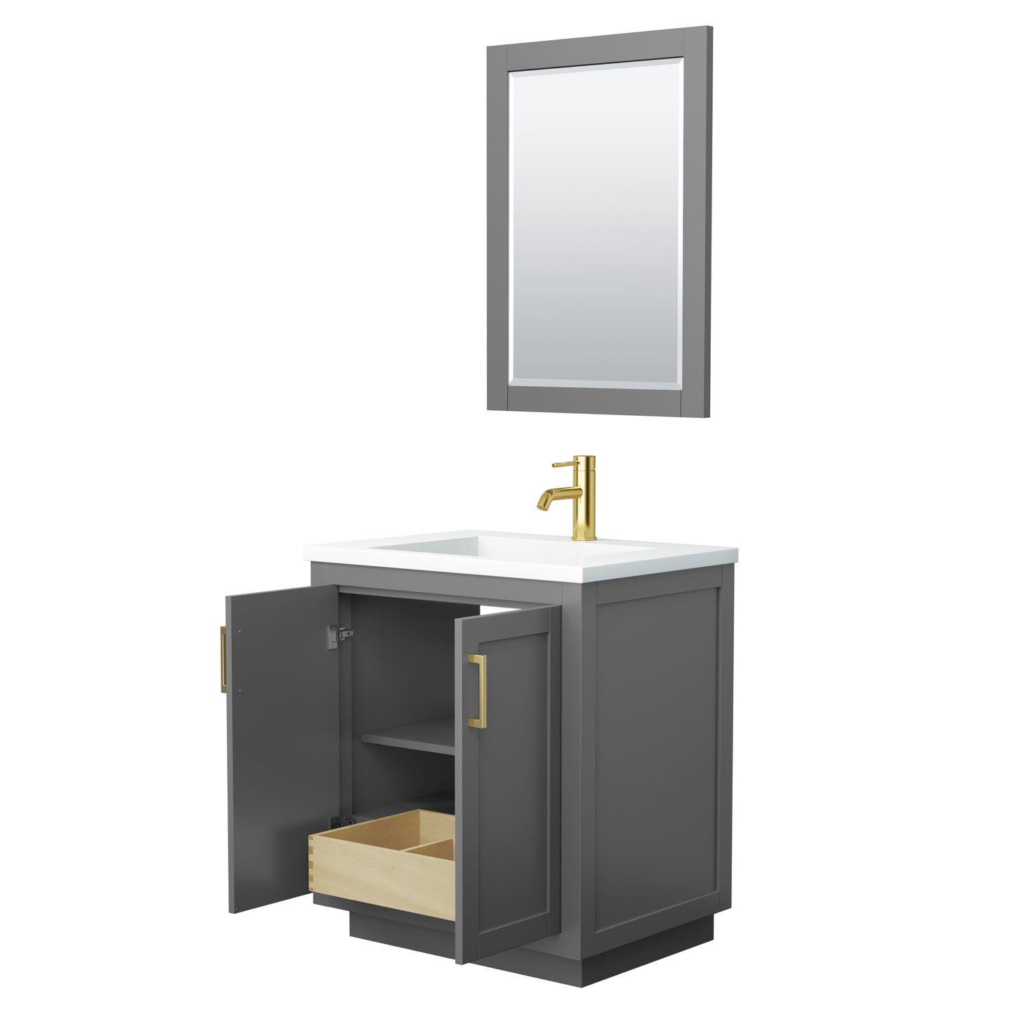 Miranda 30" Dark Gray Single Vanity, 1.25" White Top,  Gold Trim, 24" Mirror