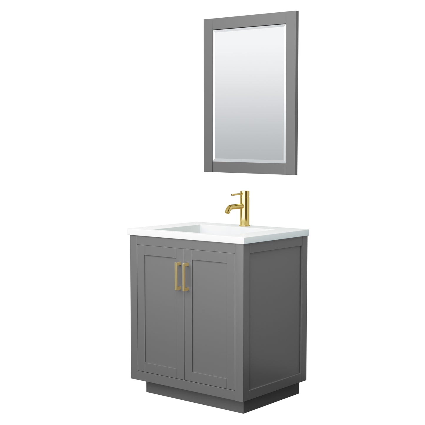 Miranda 30" Dark Gray Single Vanity, 1.25" White Top,  Gold Trim, 24" Mirror