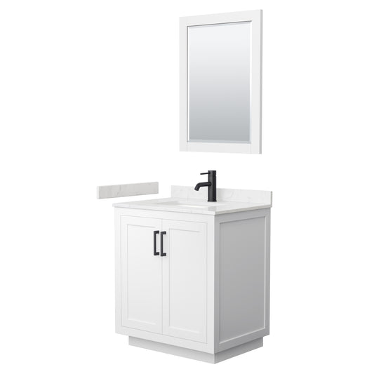 Miranda 30" Single Vanity in White, Carrara Marble Top, Black Trim, 24" Mirror