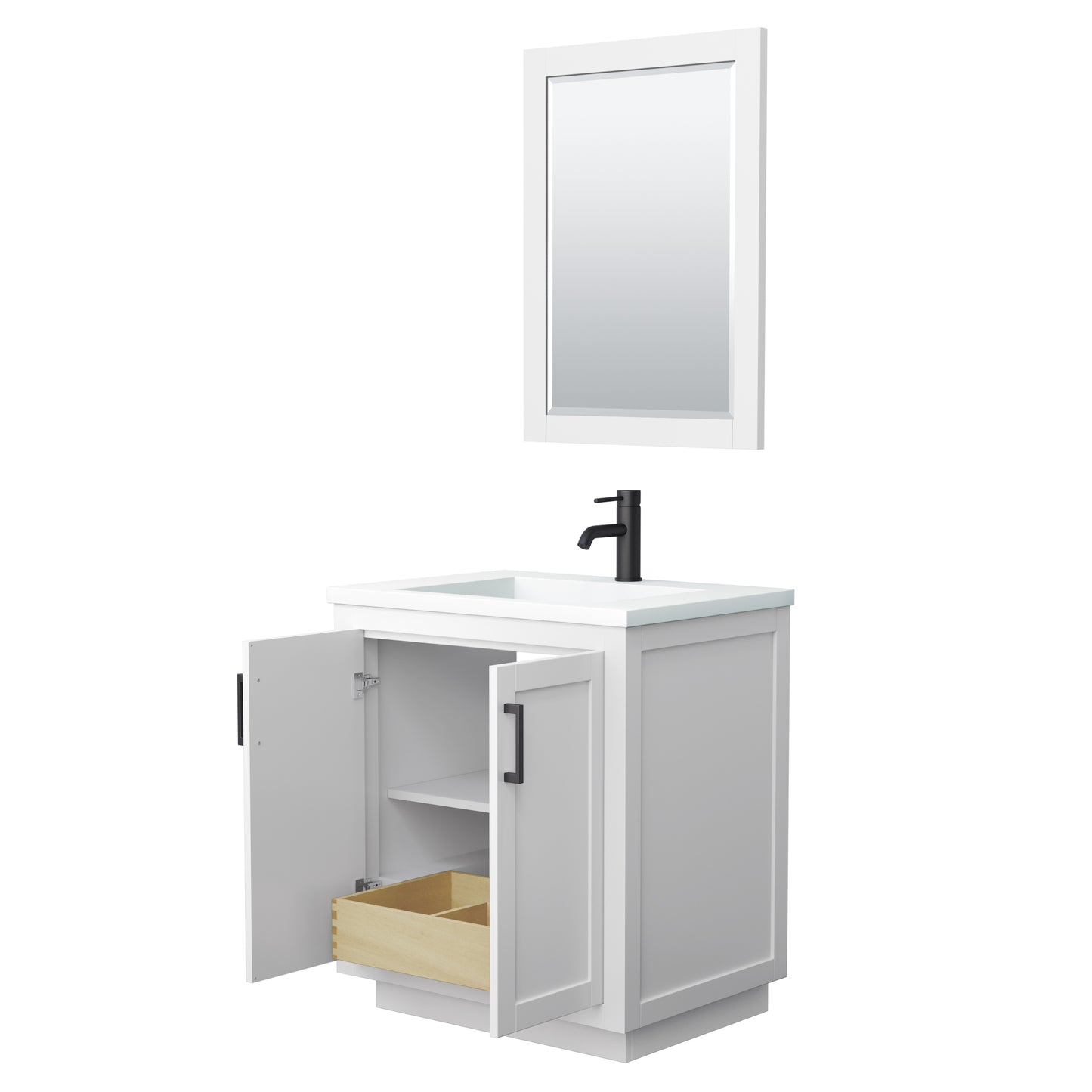 Miranda 30" Single Vanity in White, 1.25" White Top,  Black Trim, 24" Mirror