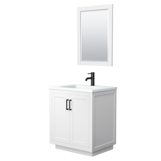 Miranda 30" Single Vanity in White, 1.25" White Top,  Black Trim, 24" Mirror