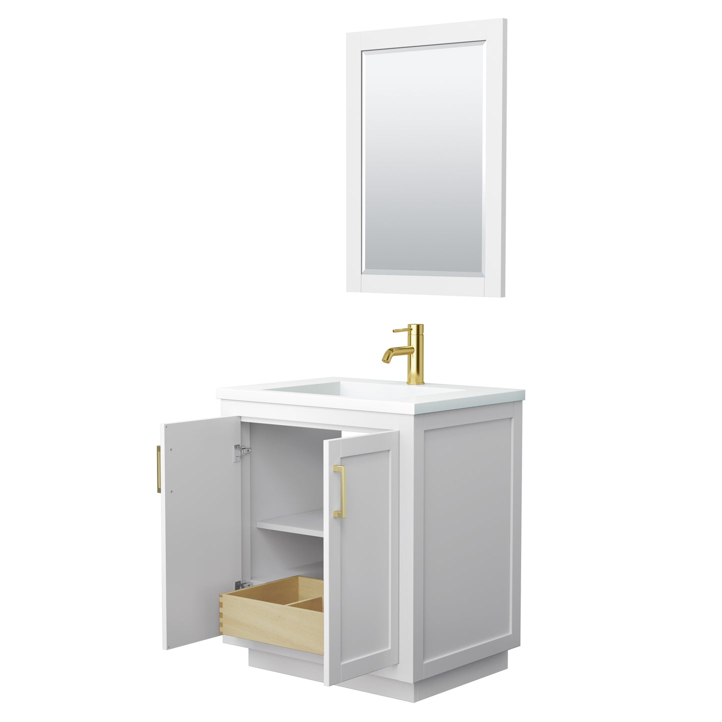Miranda 30" Single Vanity in White, 1.25" White Top,  Gold Trim, 24" Mirror