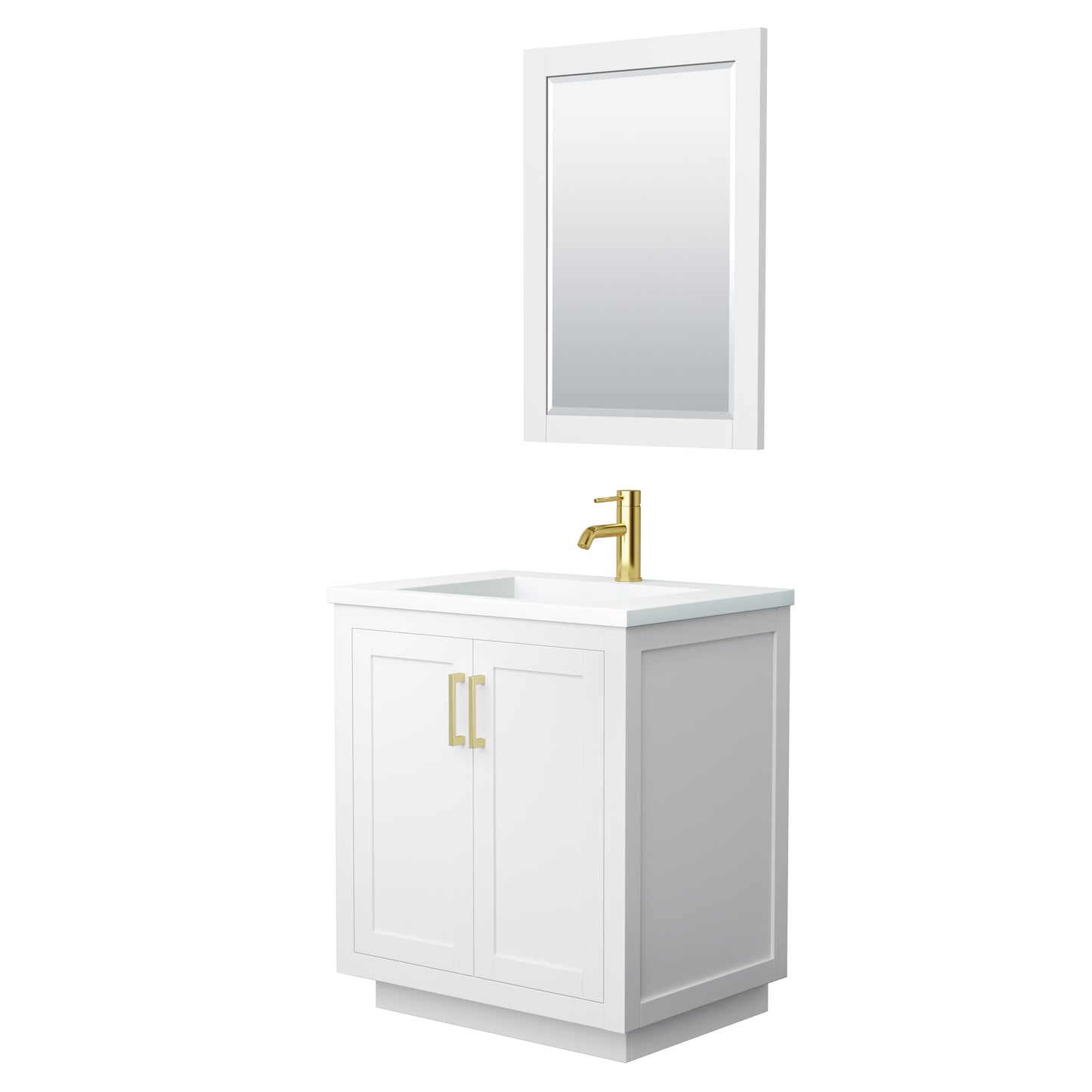 Miranda 30" Single Vanity in White, 1.25" White Top,  Gold Trim, 24" Mirror