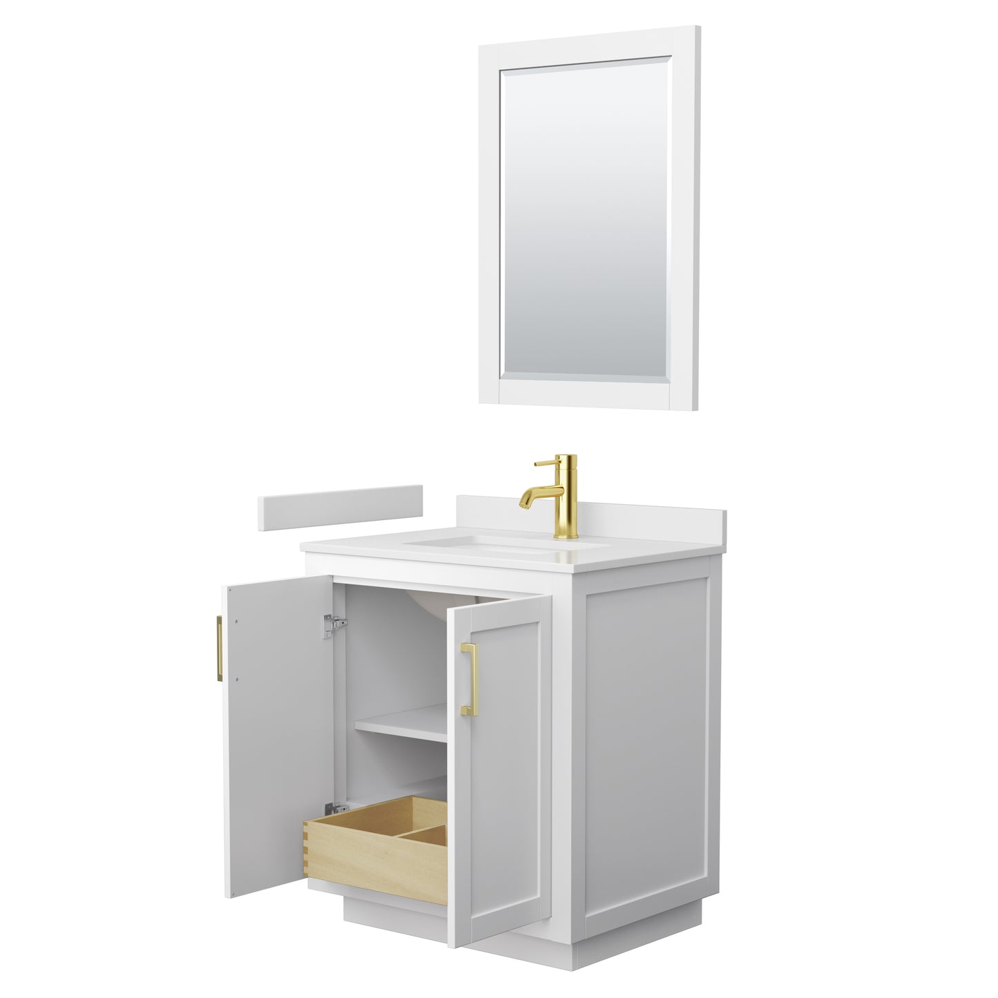 Miranda 30" Single Vanity in White, White Marble Top, Gold Trim, 24" Mirror