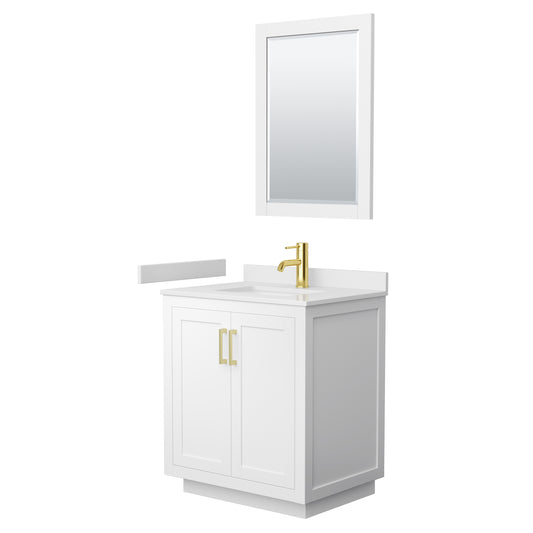 Miranda 30" Single Vanity in White, White Marble Top, Gold Trim, 24" Mirror