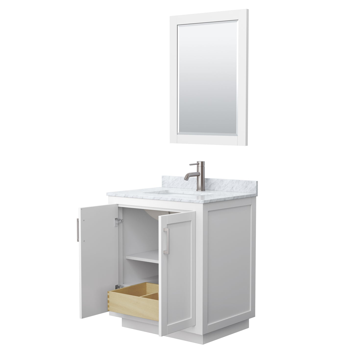 Miranda 30" Single Vanity in White, Top, Square Brushed Nickel Trim, 24" Mirror