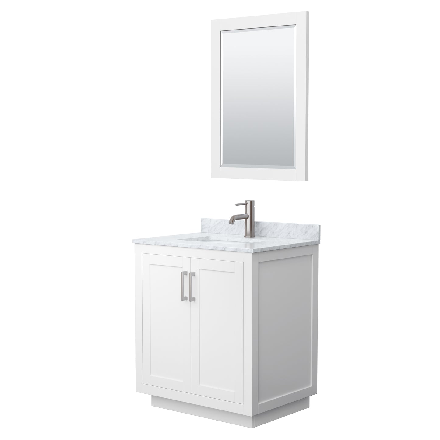 Miranda 30" Single Vanity in White, Top, Square Brushed Nickel Trim, 24" Mirror