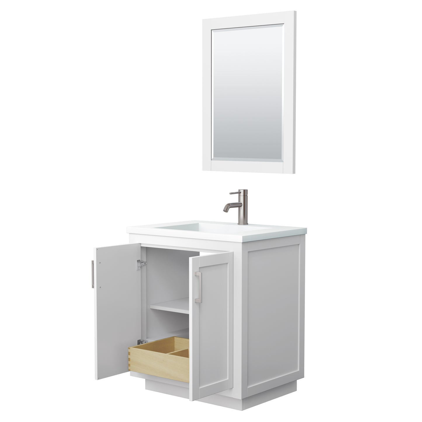 Miranda 30" Single Vanity in White, 1.25" White Top,  Nickel Trim, 24" Mirror