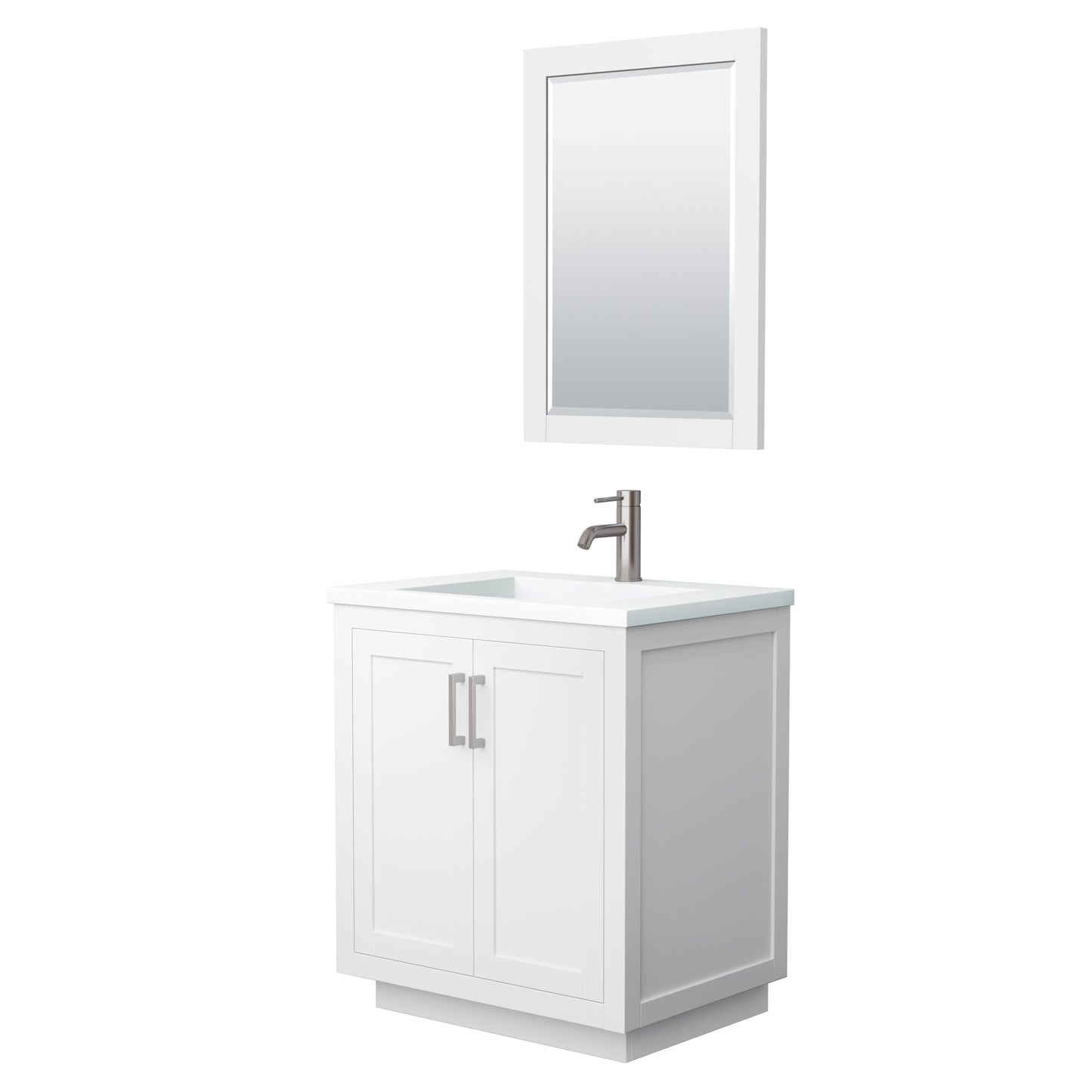 Miranda 30" Single Vanity in White, 1.25" White Top,  Nickel Trim, 24" Mirror
